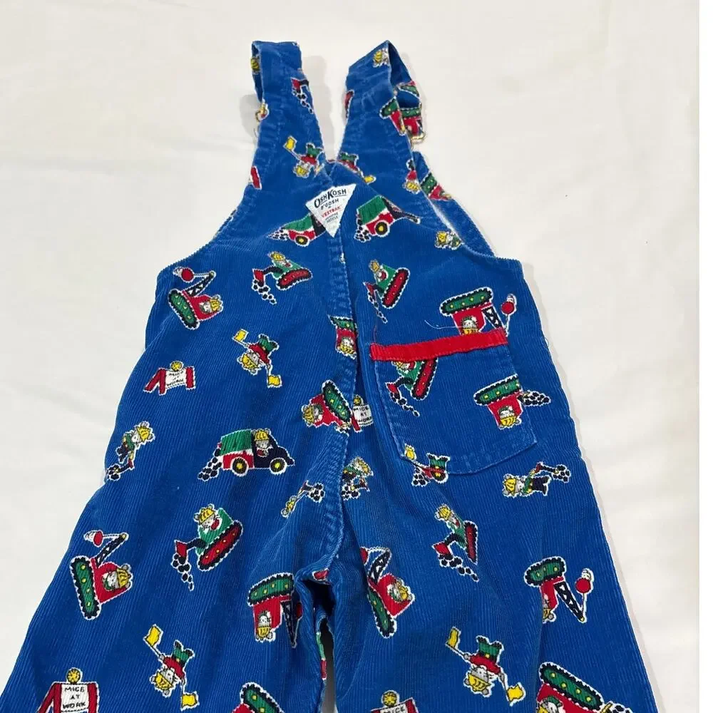 Vintage 90s OshKosh Boys Mice At Work Construction Print Corduroy Overalls 2T